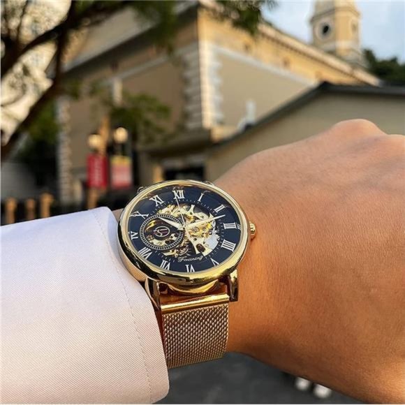 Men's Skeleton Watch Steampunk Watch Black Mechanical Watch for Men Minimalist - Picture 2 of 6